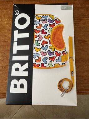 BRITTO Yellow Multi-Color Heart Pattern Dog Harness & Leash Set